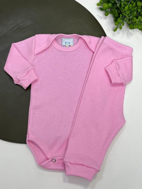 Conjunto Canelado Algodão Body e Calça- Rosa