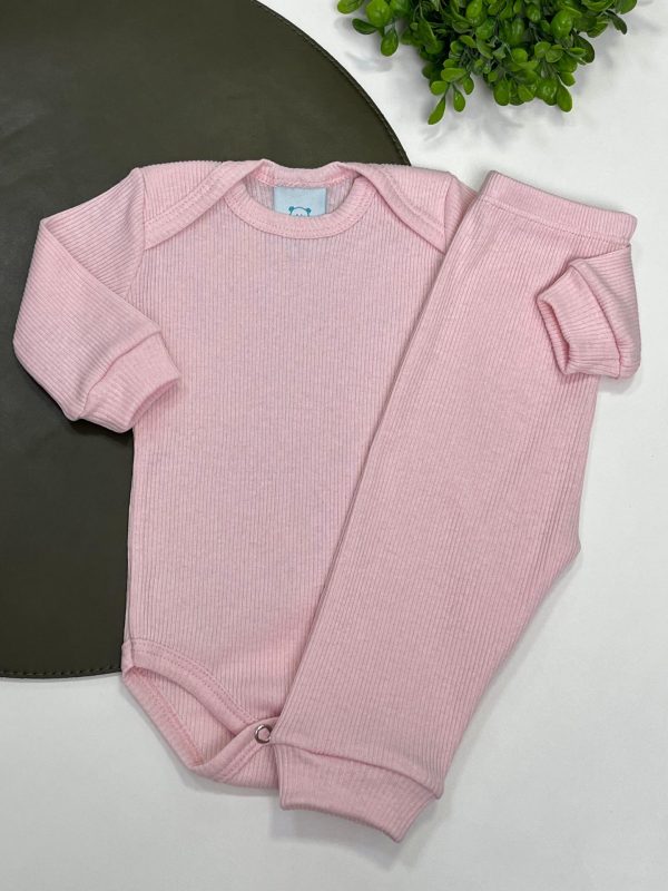 Conjunto Canelado Algodão Body e Calça- Rosa Claro