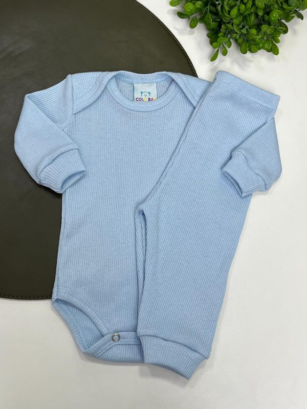 Conjunto Canelado Algodão Body e Calça- Azul