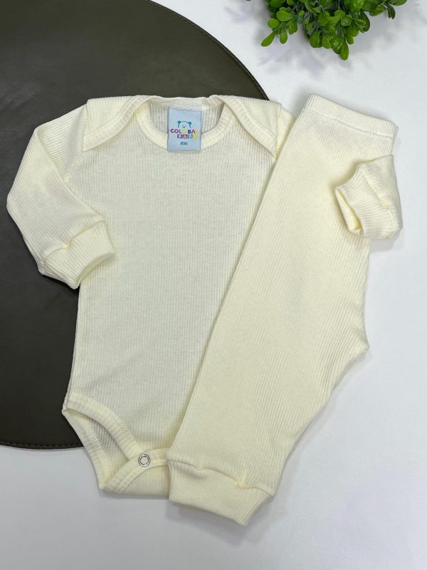 Conjunto Canelado Algodão Body e Calça- Pérola