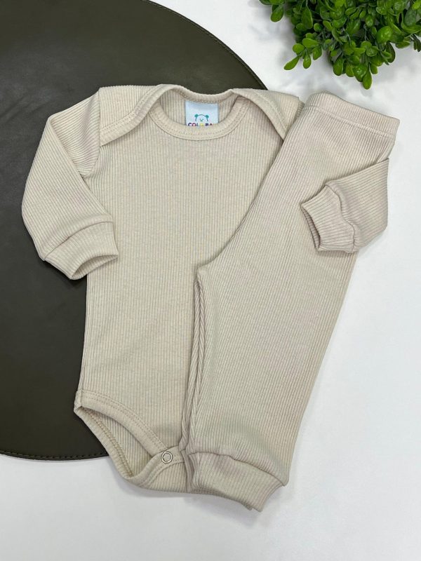 Conjunto Canelado Algodão Body e Calça- Bege