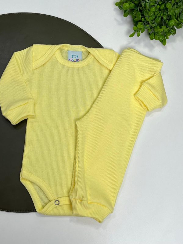 Conjunto Canelado Algodão Body e Calça- Amarelo
