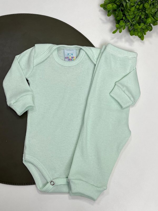 Conjunto Canelado Algodão Body e Calça- Verde