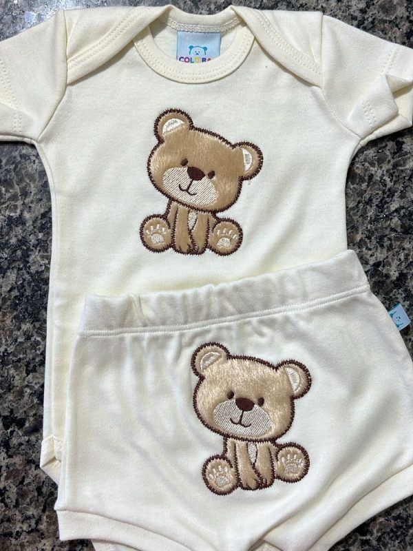 Conjunto Suedine Algodão Body e Short Saruel Bordado- Urso Bege