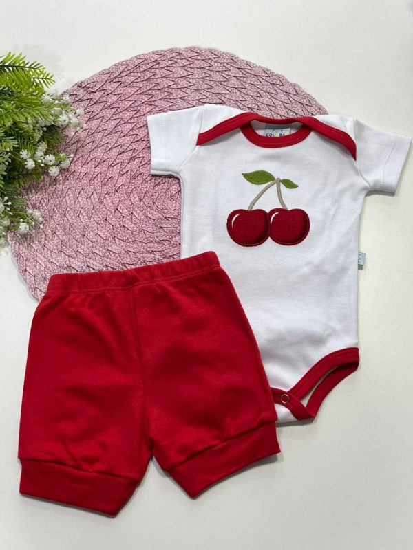 Conjunto Suedine Algodão Body e Bombacha Bordado- Cereja Vermelho