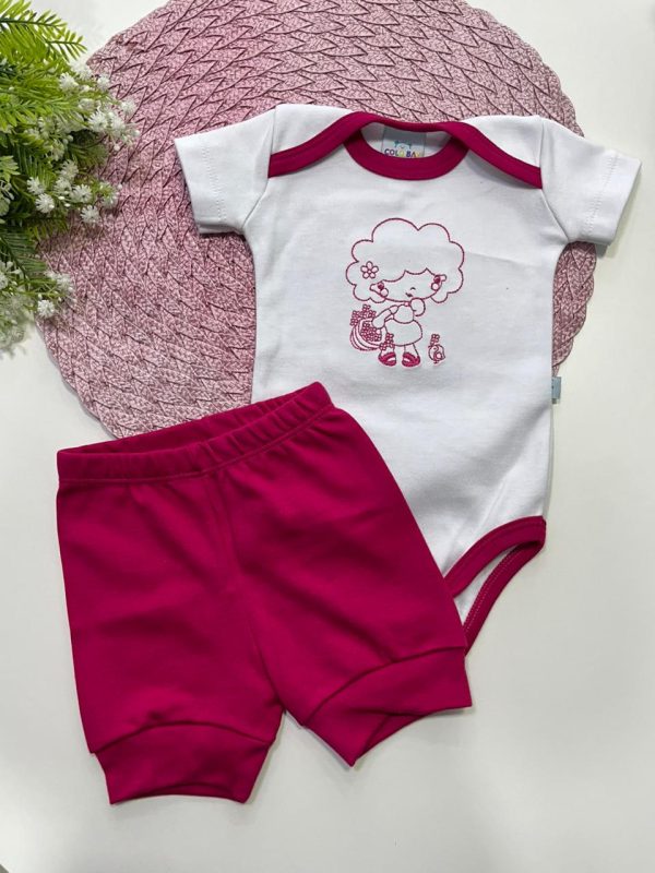 Conjunto Suedine Algodão Body e Bombacha Bordado- Menina Pink