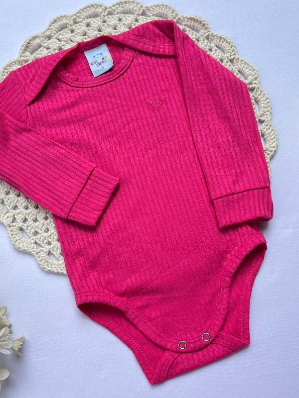 Body Avulso Canelado Bordado Manga Longa - Pink