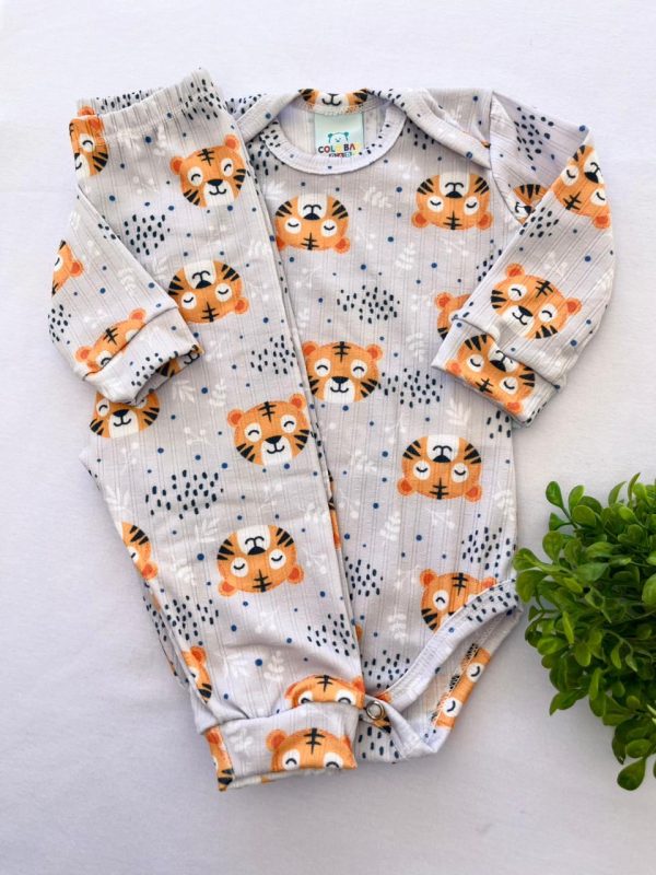 Conjunto Canelado Calça e Body Estampado - Tigre