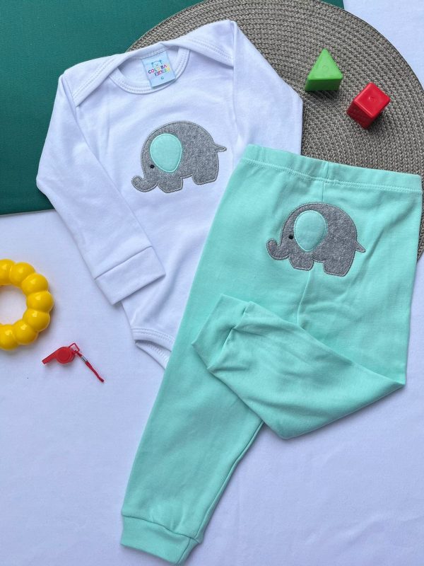 Conjunto Suedine Algodão Body e Calça Bordado- Elefante Verde
