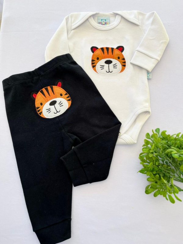 Conjunto Suedine Algodão Body e Calça Bordado- Tigre Preto