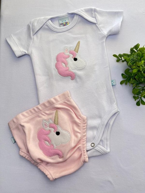 Conjunto Suedine Body e Tapa Fralda Bordado- Unicórnio Rosa