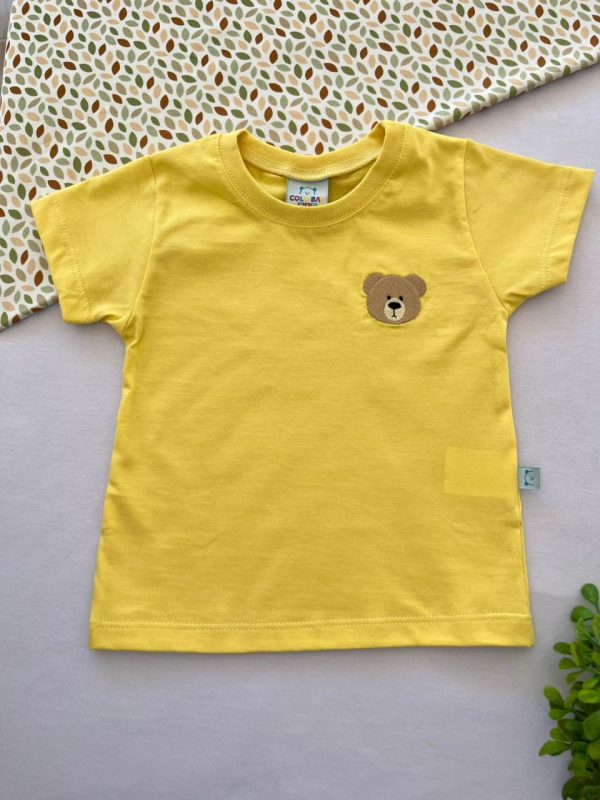 Camiseta para Bebê de Algodão com Bordado Urso - Amarelo
