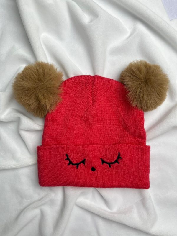 Touca Gorro de Lã com Pompons e Bordado Olhos- Cereja