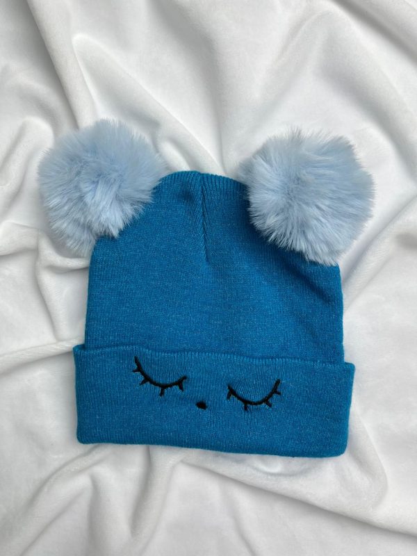 Touca Gorro de Lã com Pompons e Bordado Olhos- Azul