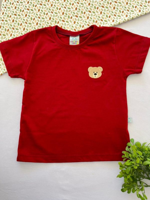 Camiseta para Bebê de Algodão com Bordado Urso - Bordô